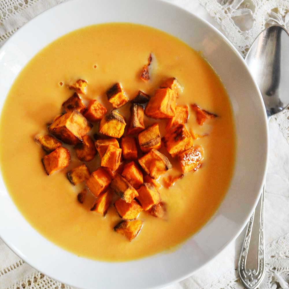 Sweet potato soup with roasted sweet potato cubes
