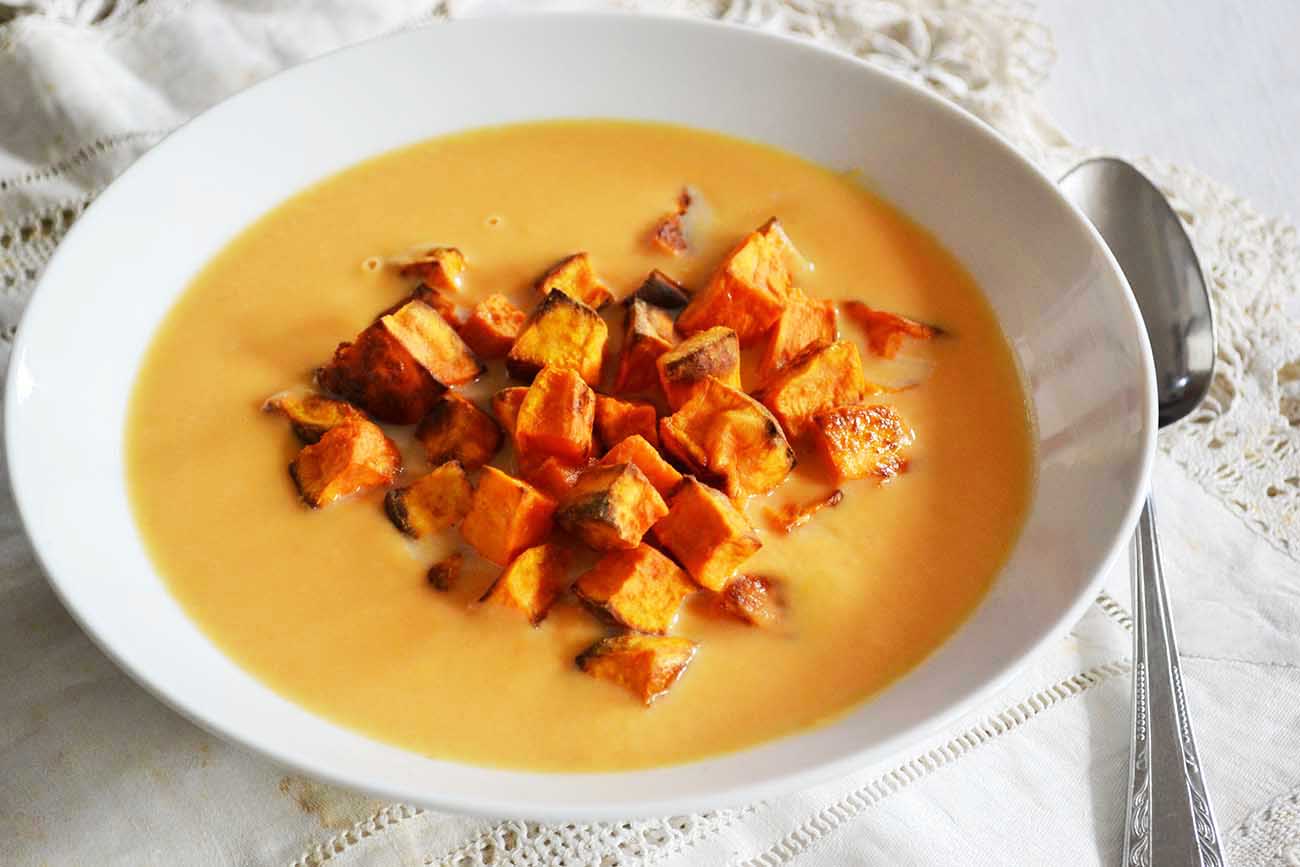 Sweet potato soup with roasted sweet potato cubes