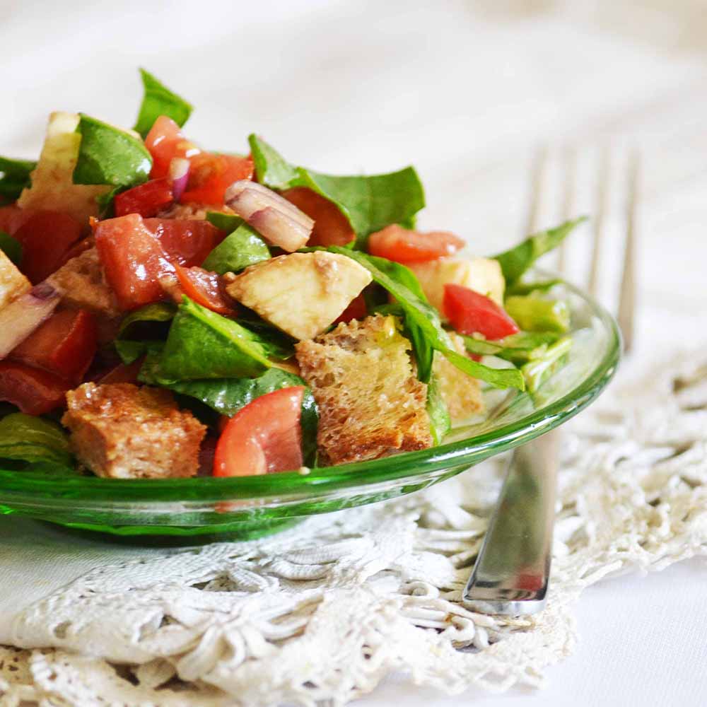 Panzanella with Mozzarella and Baby Spinach